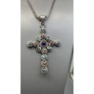 Sterling Silver Turquoise & Coral Cross Pendant 925 On 24” Spiga Chain 37g